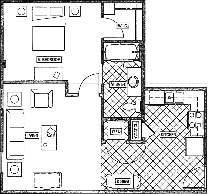 Floor plan for 1 bed, 1 bath, 641 sqft
